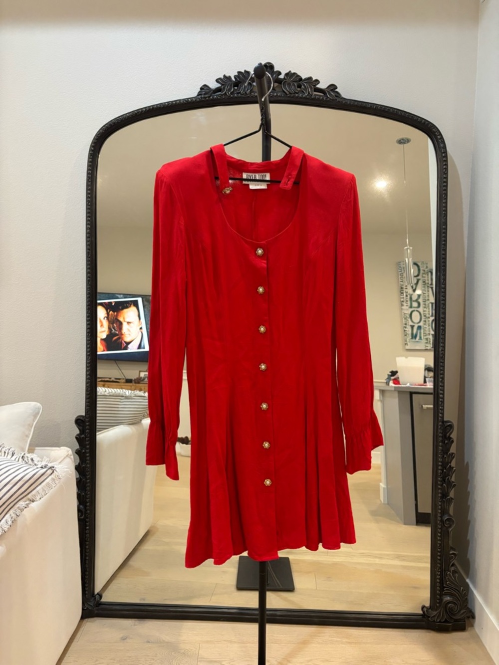 Vintage Byer Too! Button-Front Dress with Decorative Pearl Button & shoulder pad